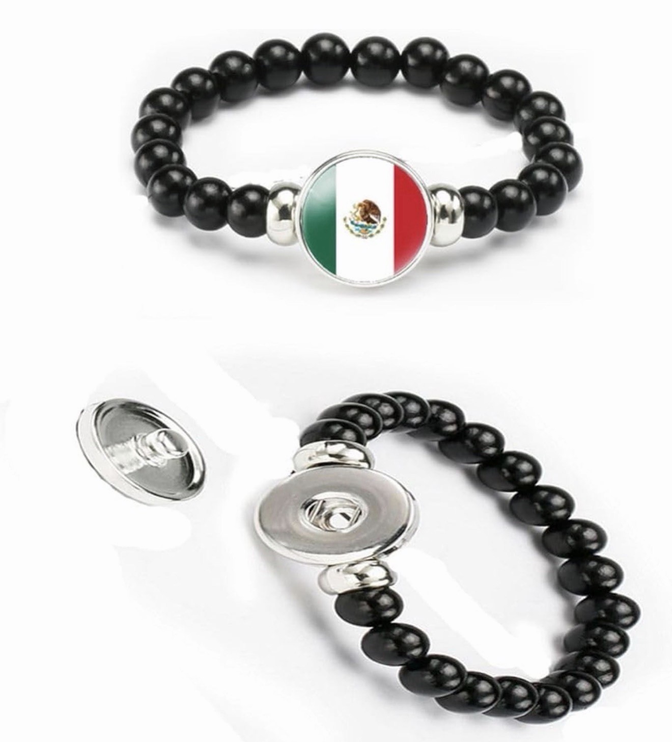 Black Adjustable Beaded Charm Bracelet Snap Closure Round Mexico Flag 6 Pack
