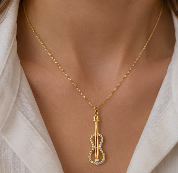 1.75 Ct Round Simulated Diamond Violin Pendant Necklace 14K Yellow Gold Plated