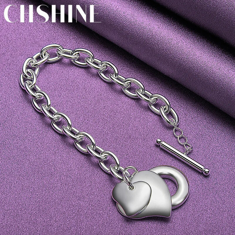 CHSHINE 925 Sterling Silver Double Heart Pendant Bracelet Fashion Charm Jewelry