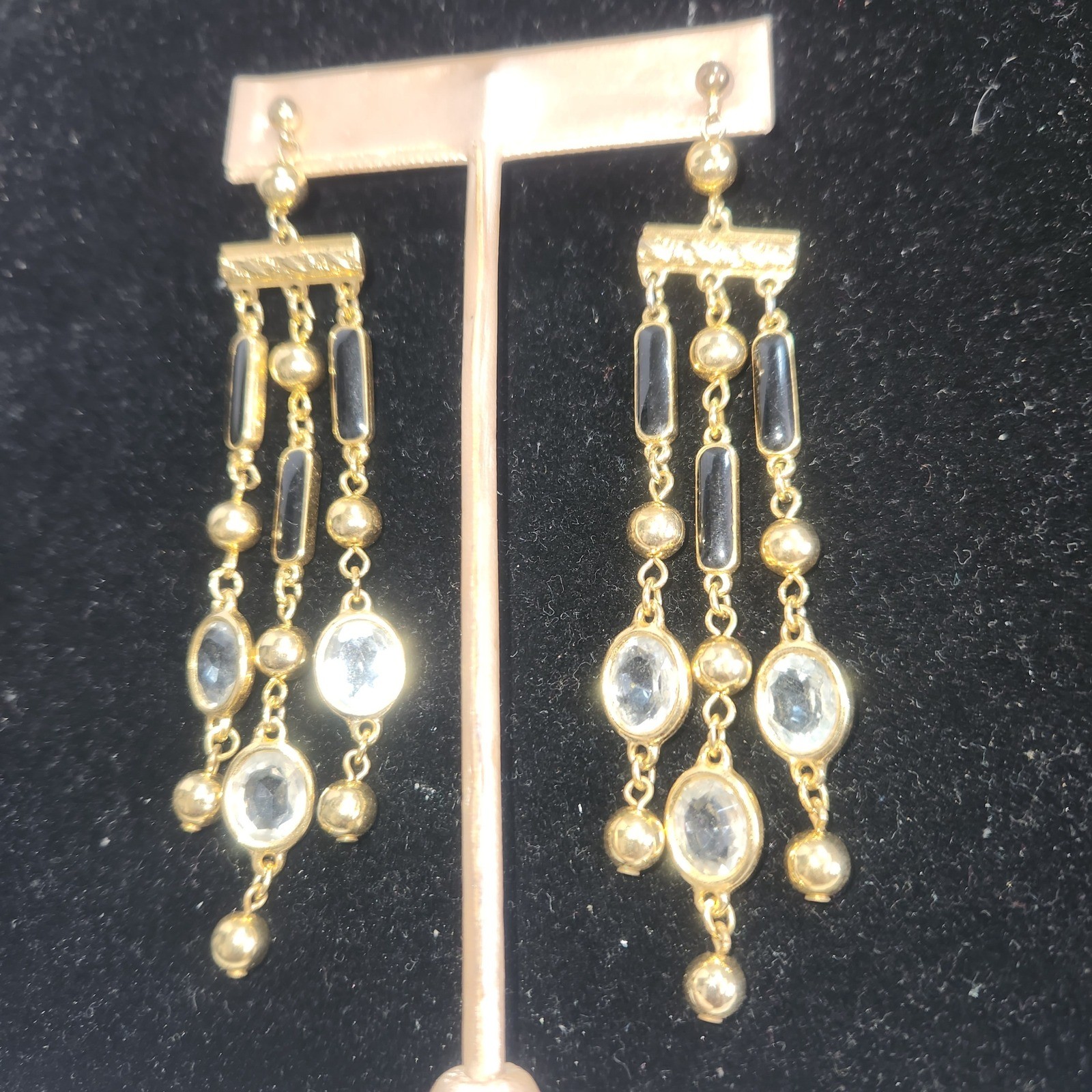 Gold Tone Black and Clear Crystal Chandelier Drop Dangle Earrings Post Back