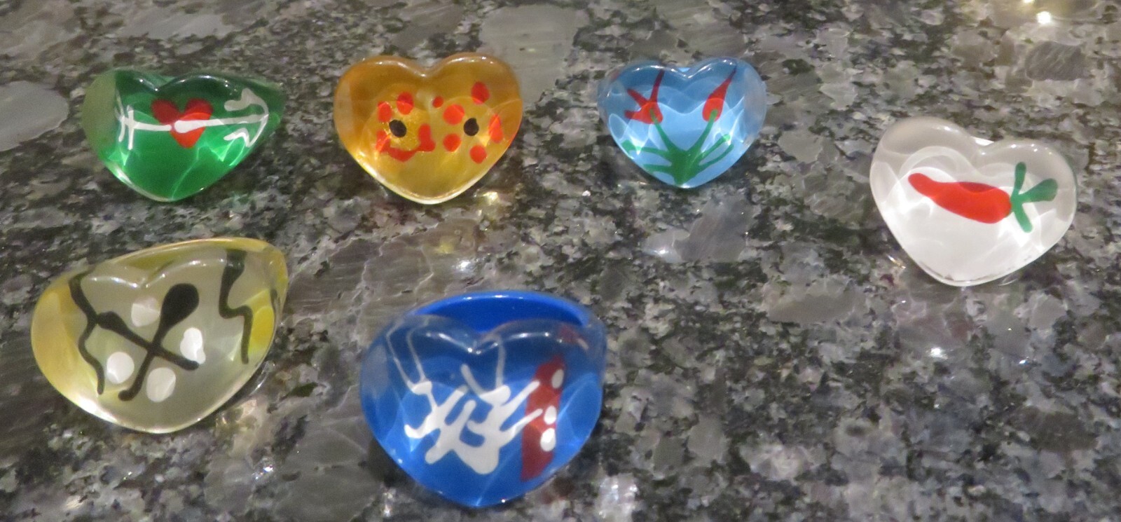 6 Resin Heart Shaped Rings Different Patterns, Sizes and Colours Kids Rings