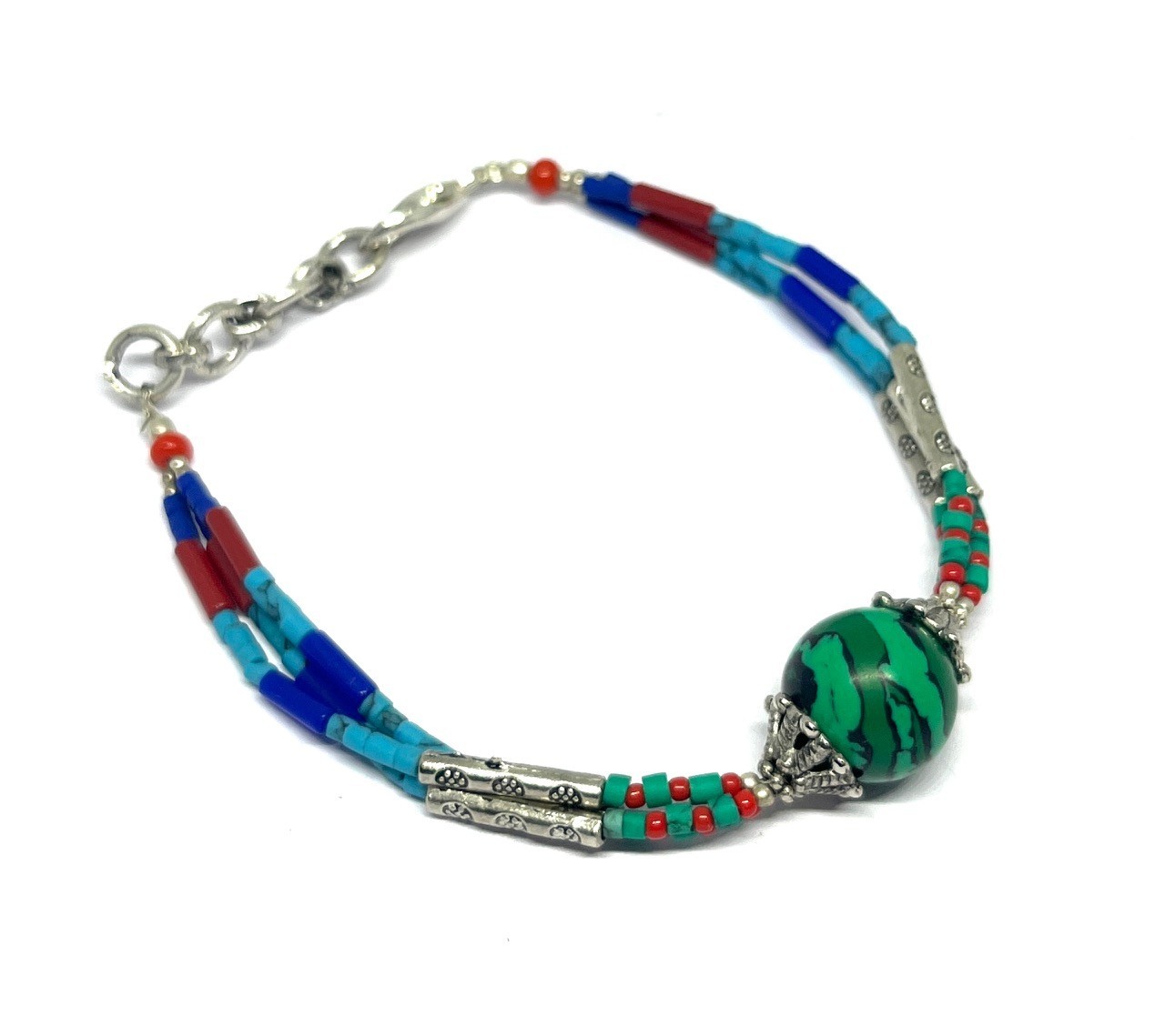 Vintage Malachite Turquoise Nepalese Silver Bracelet Jewelry, 7.0 Inch Adjs