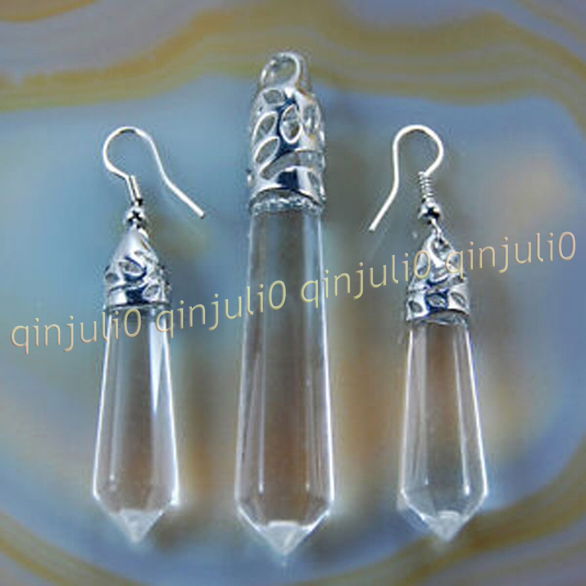 1 Set Natural Gemstones Hexagonal Pointed Reiki Chakra Pendant Earrings Jewelry