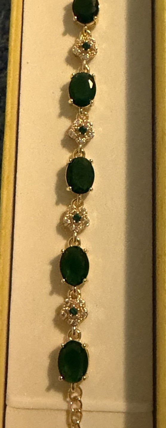 Boutique Bracelet Emerald CZs / Clover Accents Stainless Steel Gold Plated