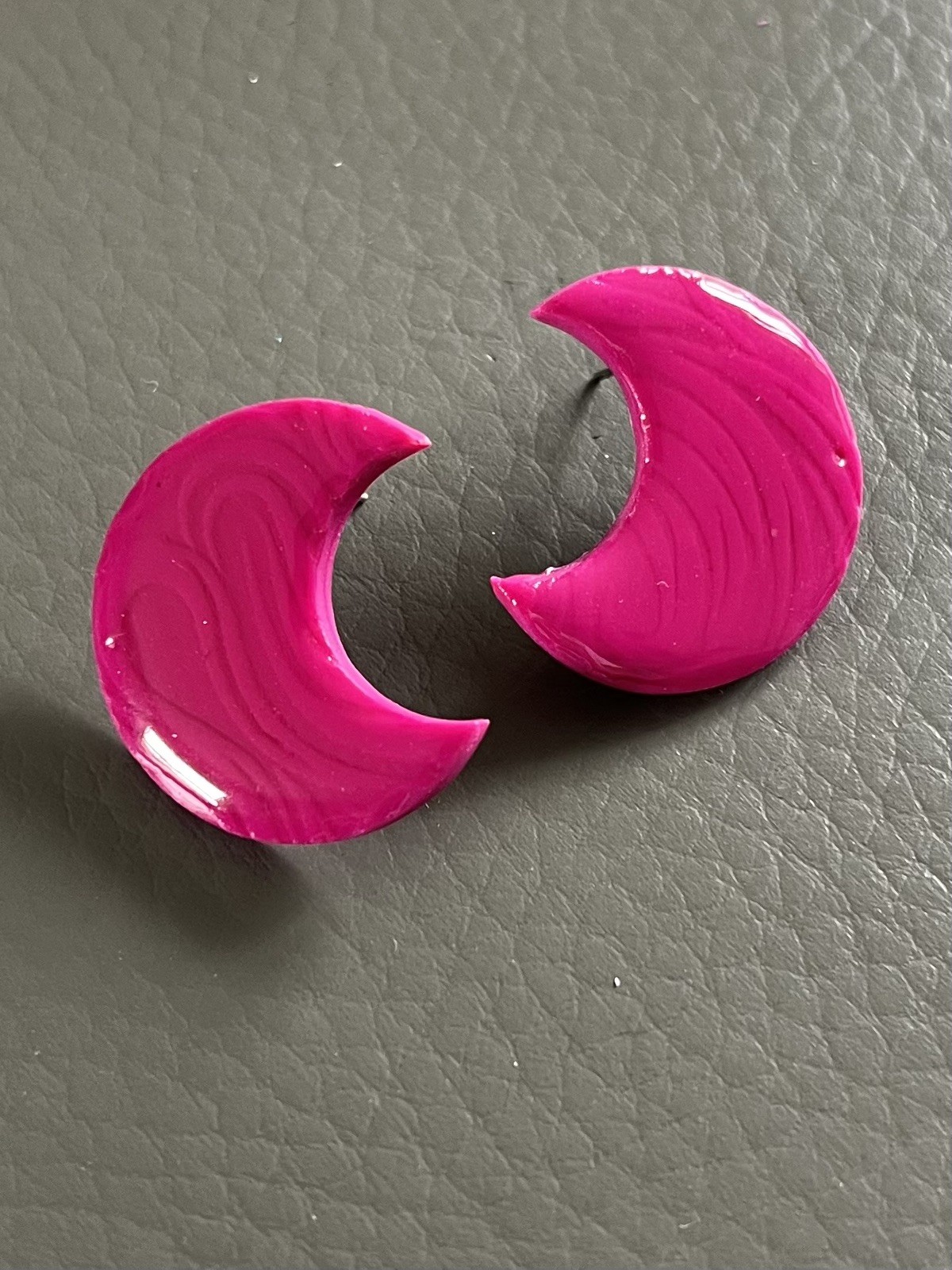 Handmade Magenta Crescent Moon Polymer Clay Studs Resin-Coated Ultra Lightweight