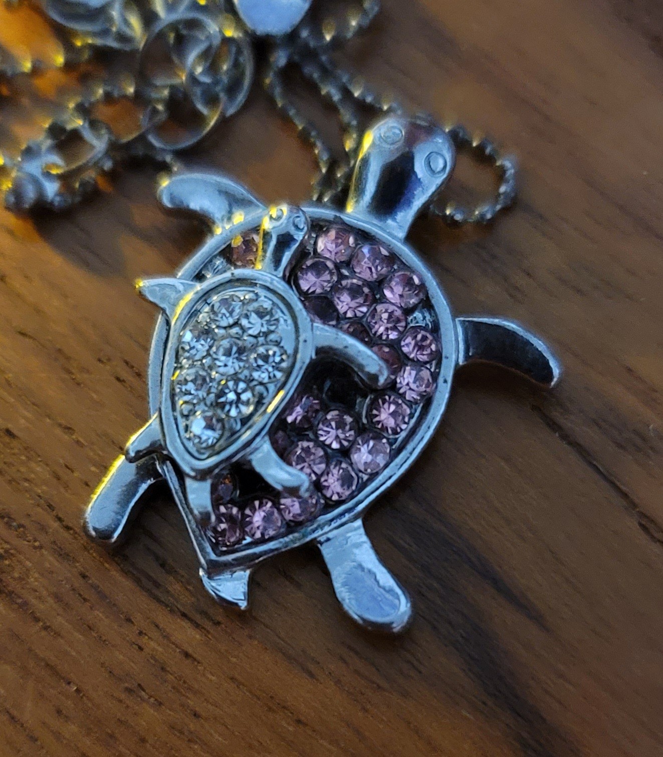 Adult Jewels Mama Turtle Pink & Clear Baby Turtle Necklace SilverTone Adjustable
