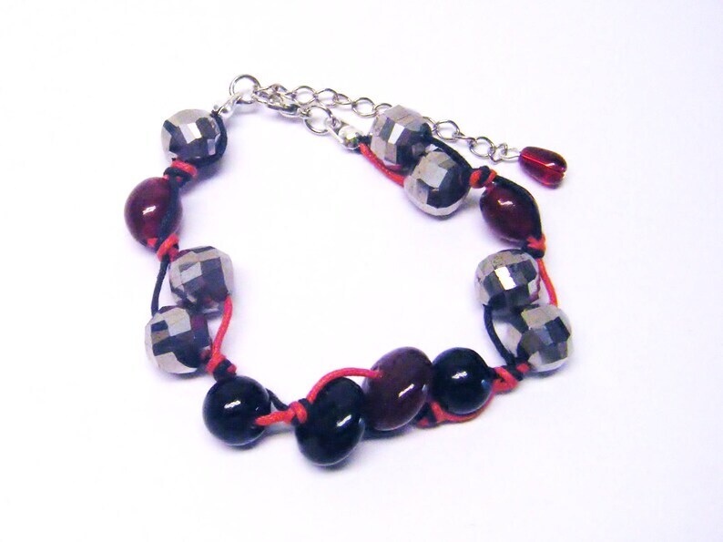Silver/Red/Black Mix Bead on Twist Cord Bracelet