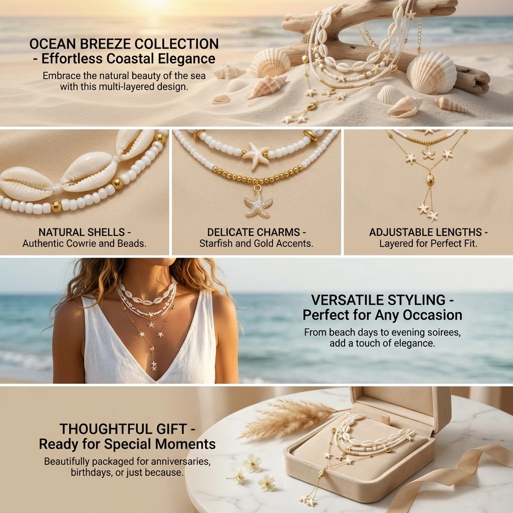 Bohemian Shell Starfish Tassel Necklaces Sets for Women Handmade Rice Bead Stack