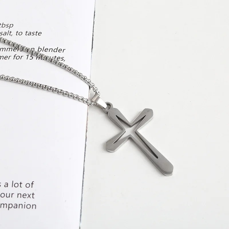 Cross inside a cross pendant necklace silver plated over stainless steel