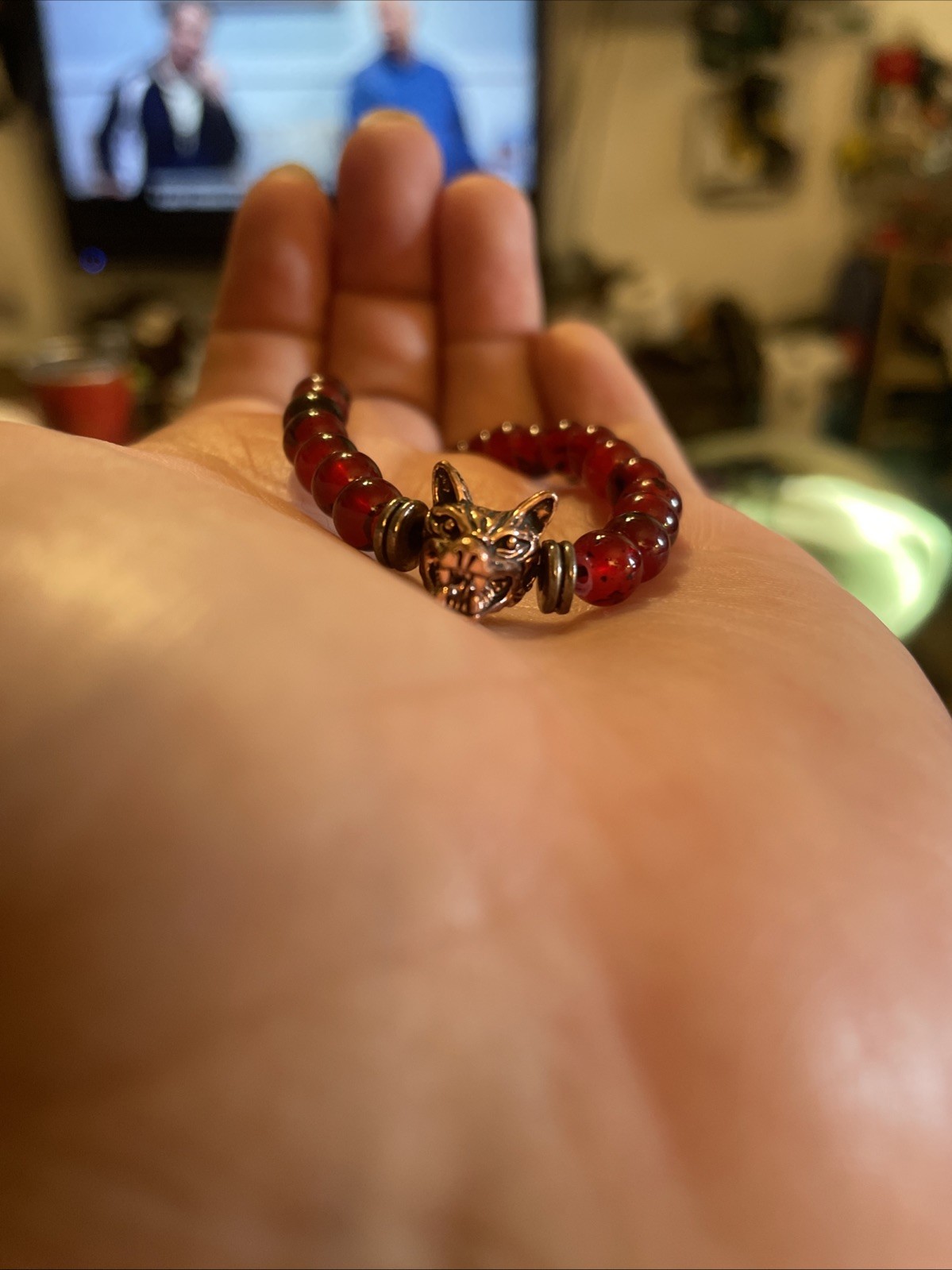 Red Glass Bead Bracelet With Metal Copper Color Wolf Head Charm Adjustable Size