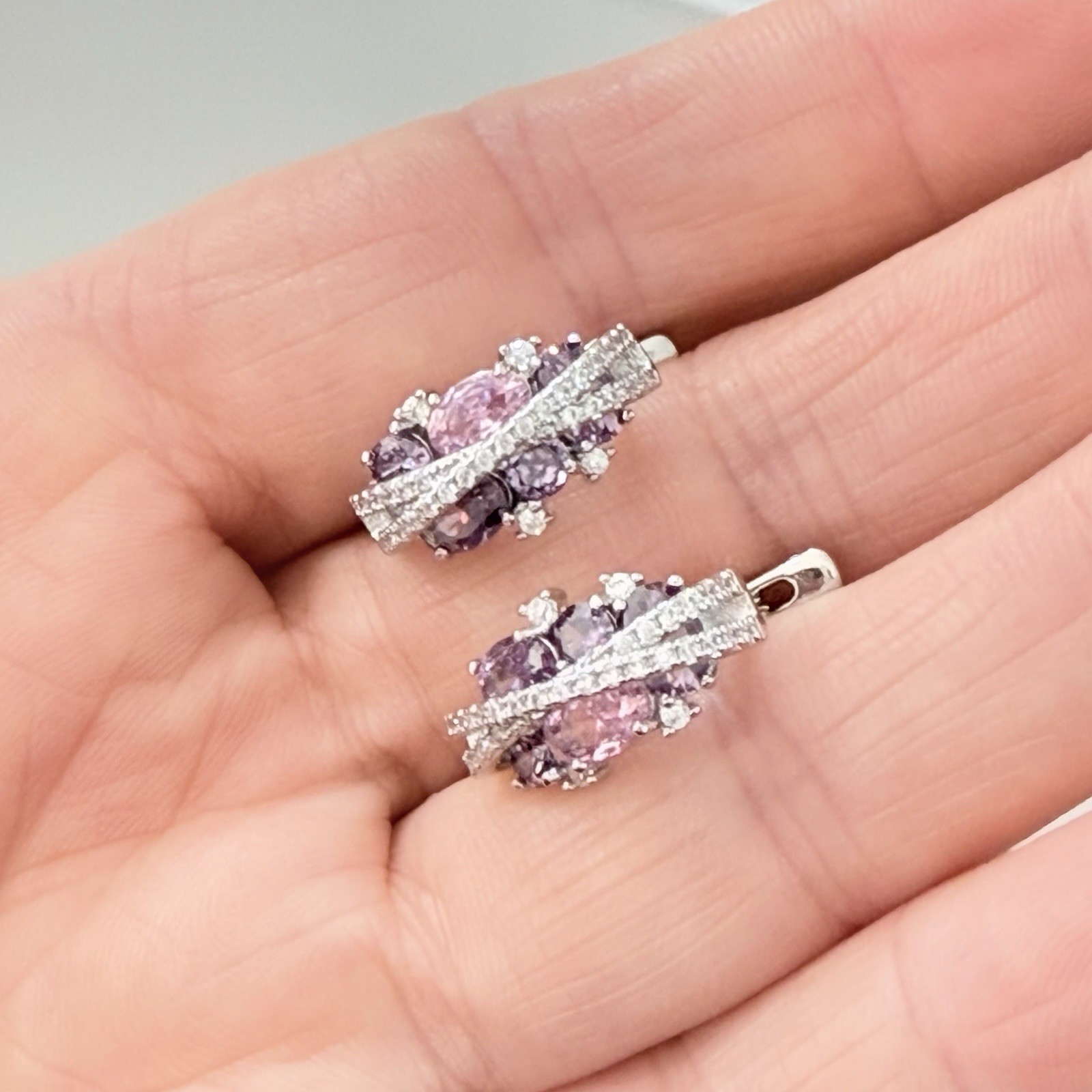 Multicolored Pink Purple, White Cubic Zirconia, Huggie Hoop, Dangle