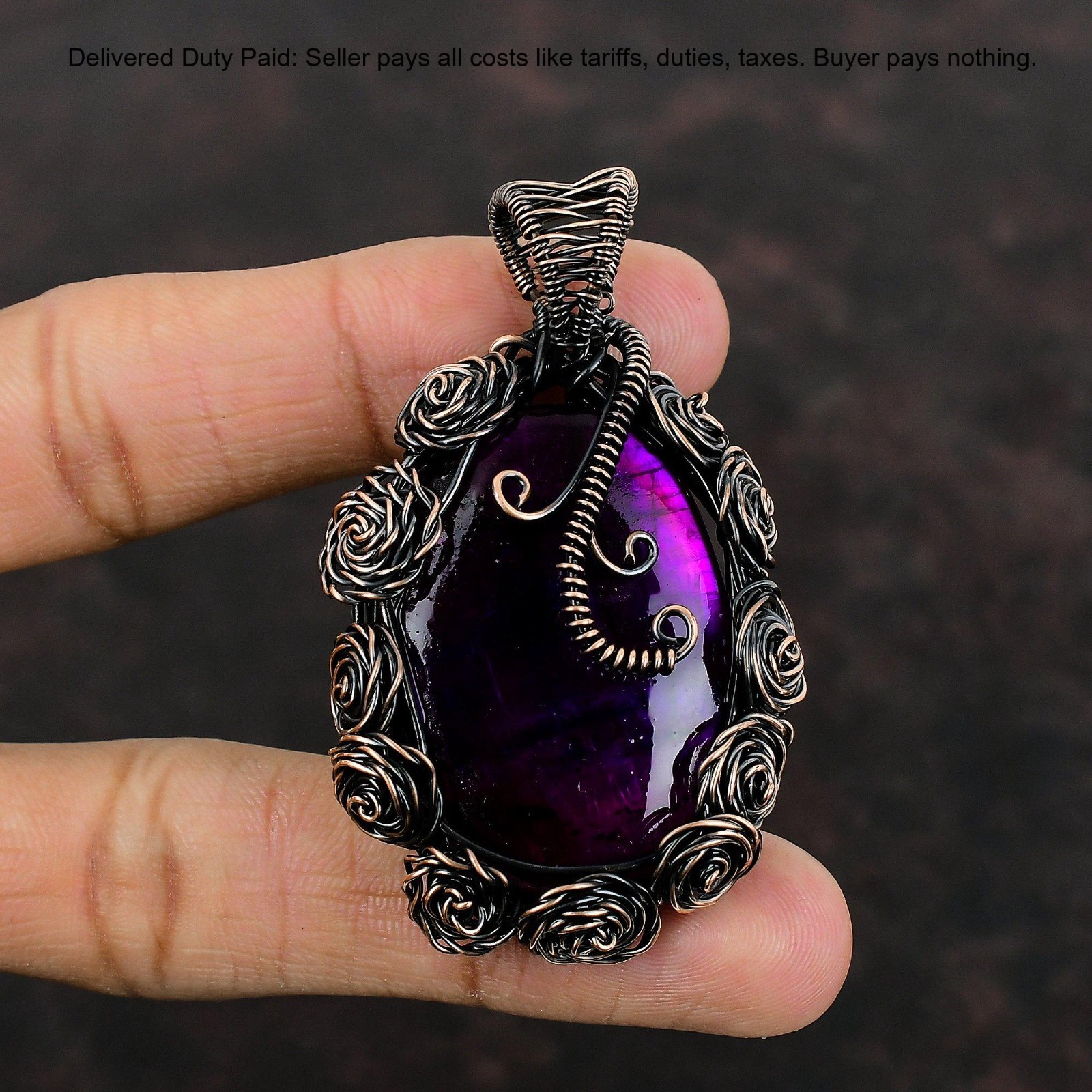 Oval Pink Fire Labradorite Gemstone Wire Wrap Flower Wife Pendant Jewelry Copper