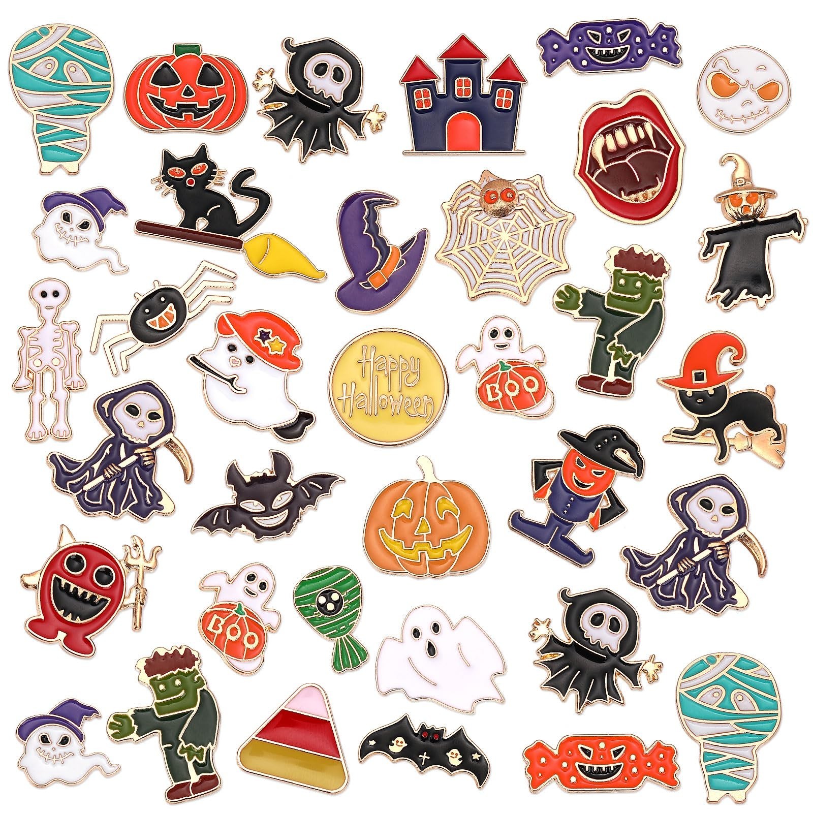60Pcs Halloween Enamel Pins Set – Assorted Pumpkin, Ghost, Bat, Spider & Skeleto