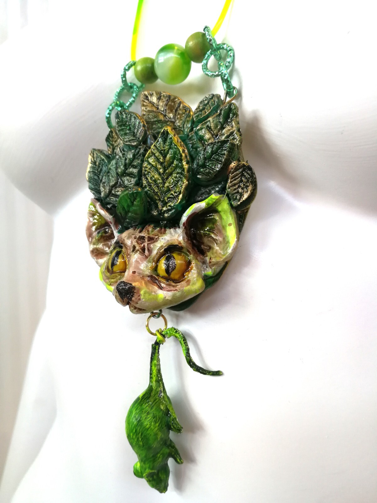 Green Witch Wicca Talisman Celtic Amulet Pendant Charm Forest Leaf Cat Nature