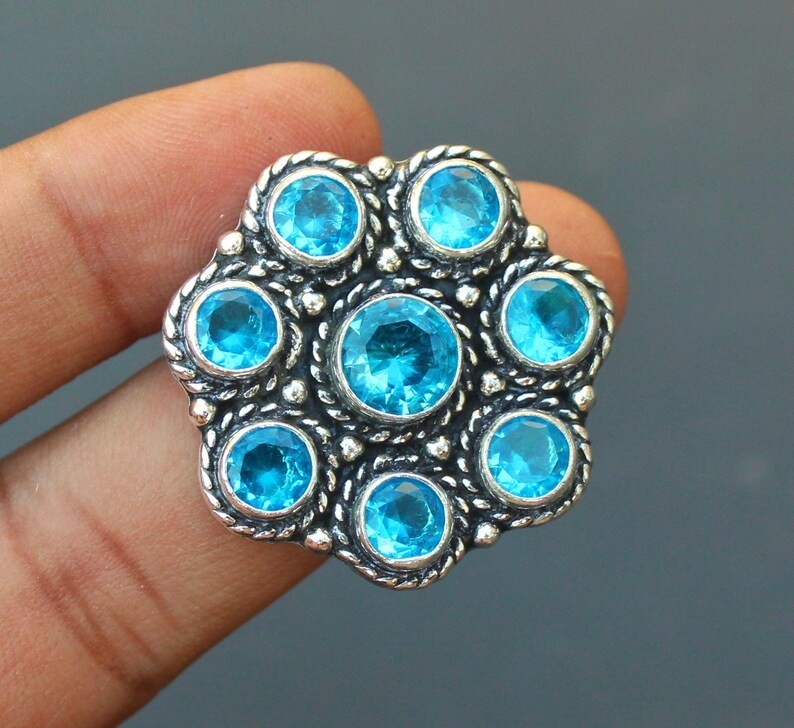 Blue Topaz Cluster Ring | Vintage Style Blue Gemstone | Statement Silver Ring
