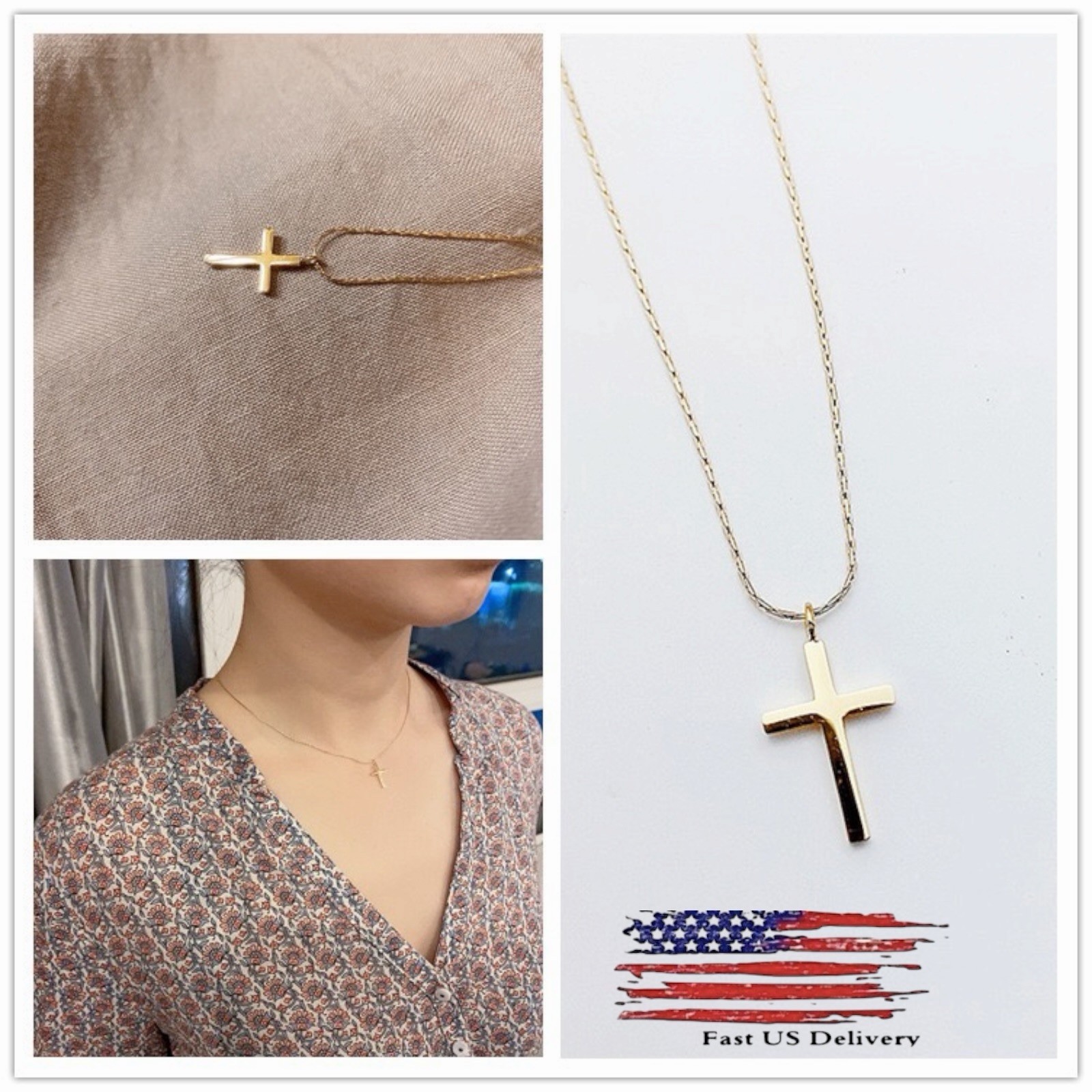 Women 14K Gold Stainless Steel Small Cross Pendant Chain Necklace Gift A92