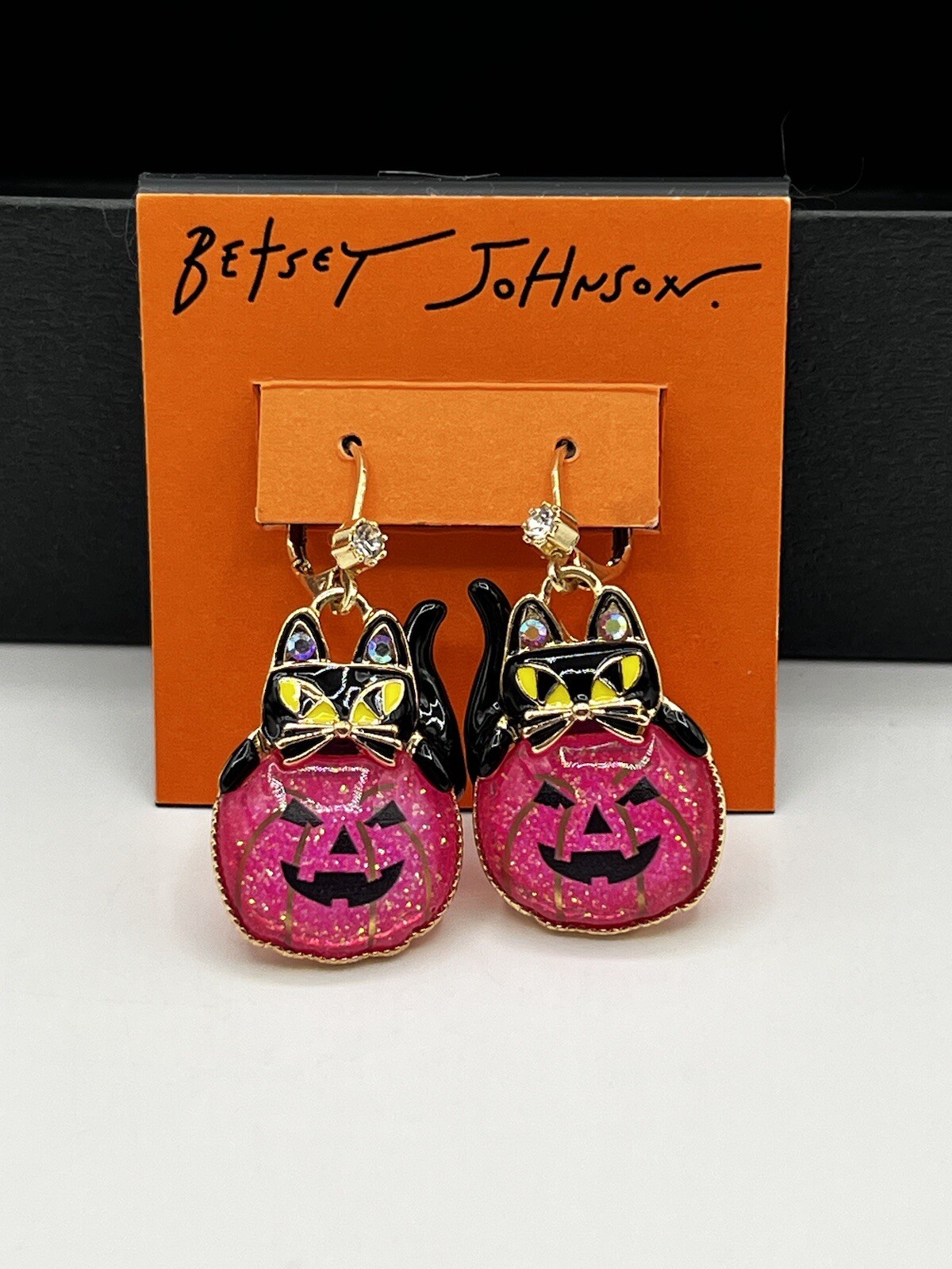 NEW Betsey Johnson Rich Witch Black Cat Pink Glitter Pumpkin Halloween Earrings