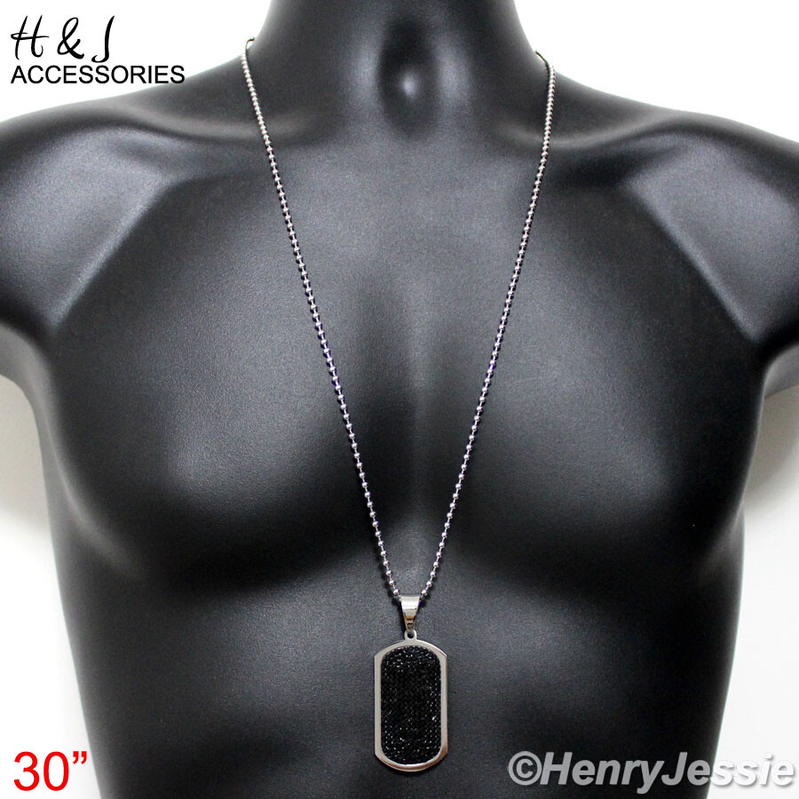 20″-30″MEN Stainless Steel 2.5mm Silver Beads Chain Black CZ Dog Tag Pendant*P43