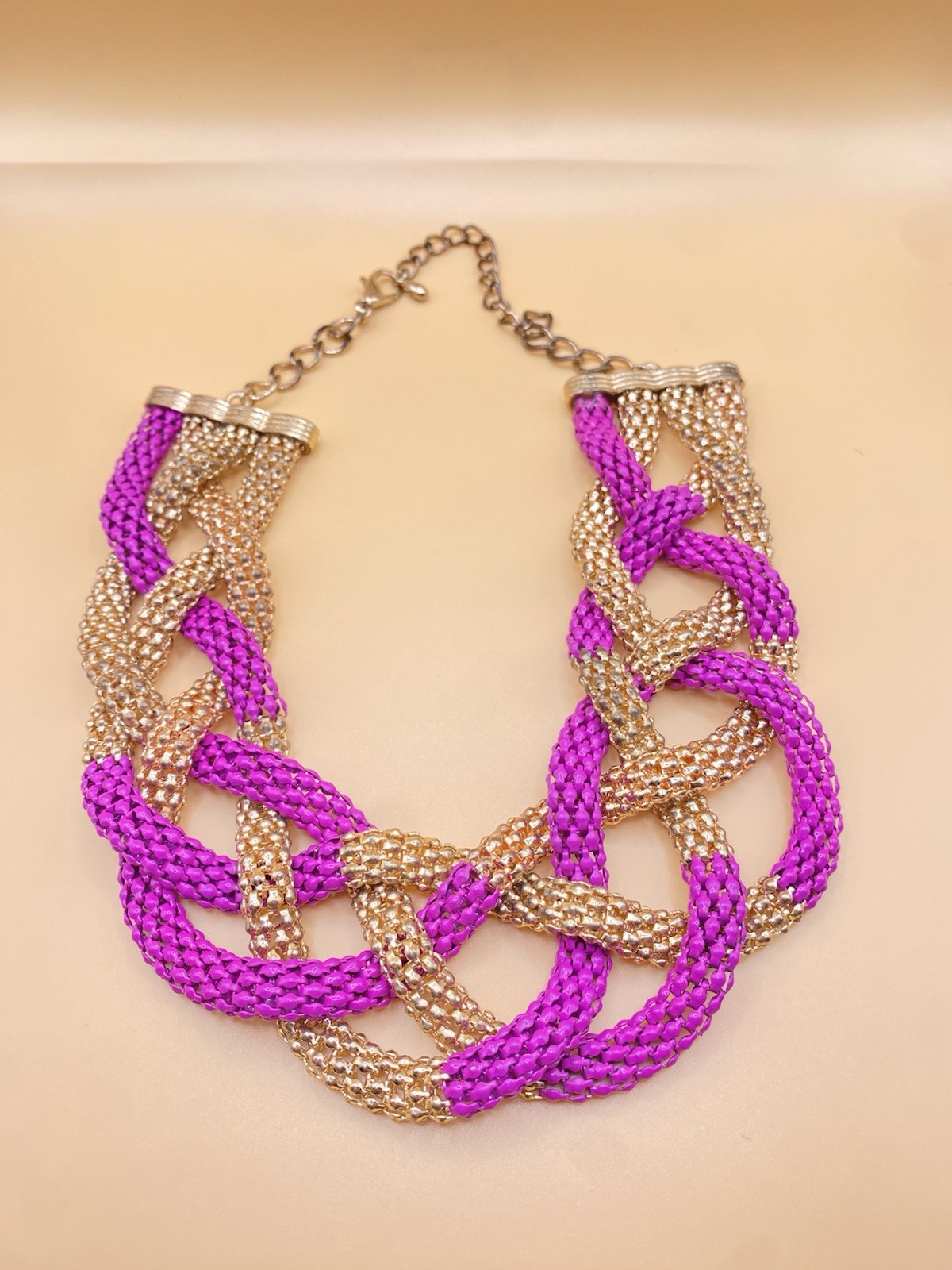 Braided Gold & Purple Necklace Vintage-Inspired Statement Jewelry Adjustable Cla