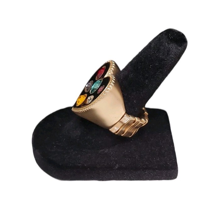 Estate Gold-Tone Black Enamel Multi-Color Glass Stone Heart Stretch Ring Size 7