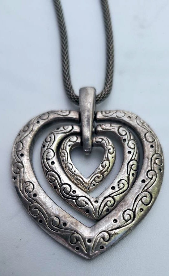 Vintage Style Heart Pendant Necklace, Silver Tone Ornate Filigree Metal Jewelry