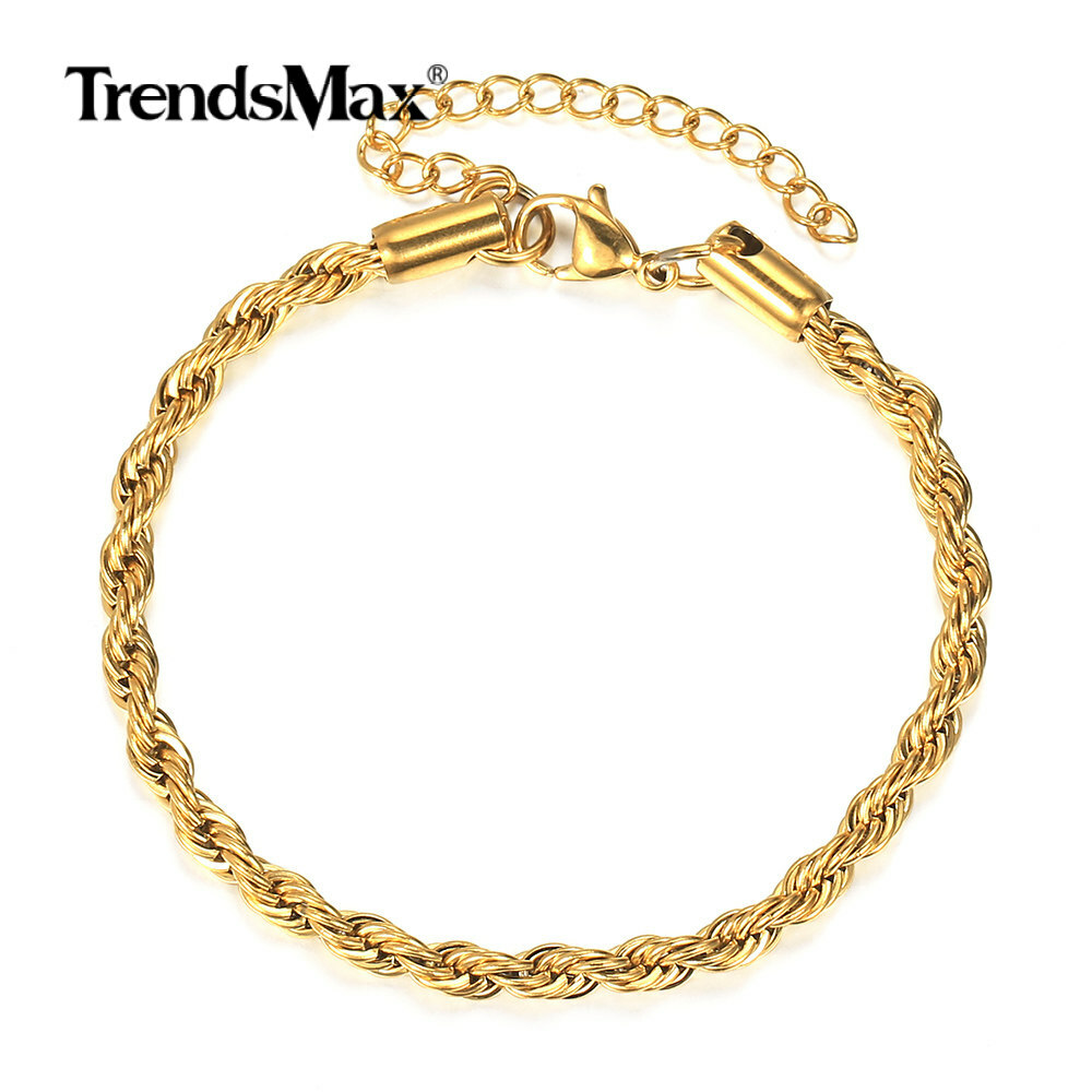 2/3/4/5MM Gold Plated Stainless Steel Rope Chain Bracelet Anklet Men Women 7-10″