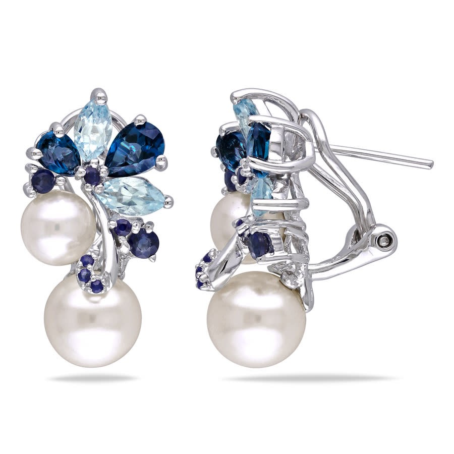 AMOUR 3 CT TGW London and Sky Blue Topaz, Sapphire and White Cultured Freshwater