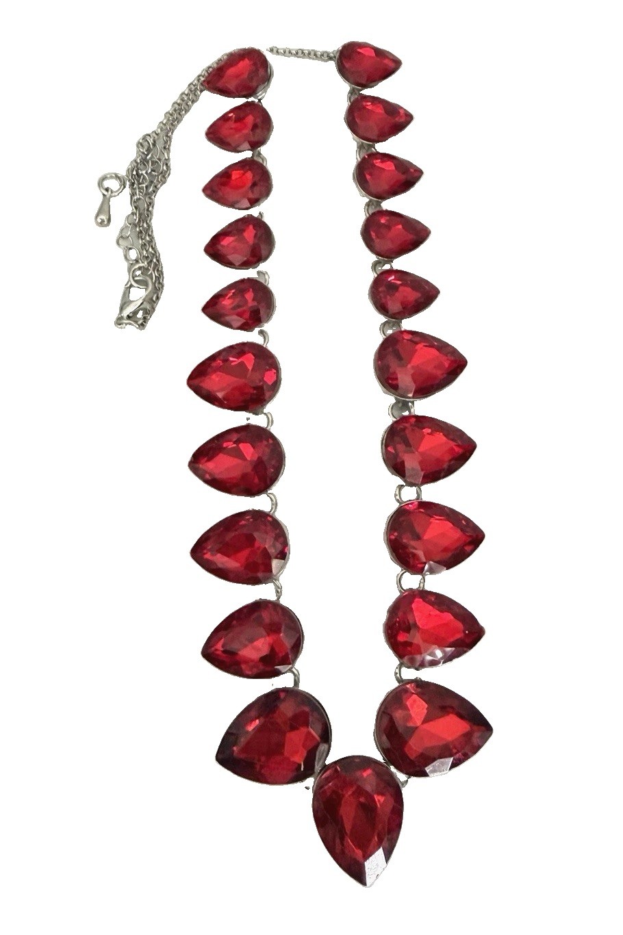 Unsigned Silver Tone Chunky Red Crystal Teardrop Fashion Statement Necklace