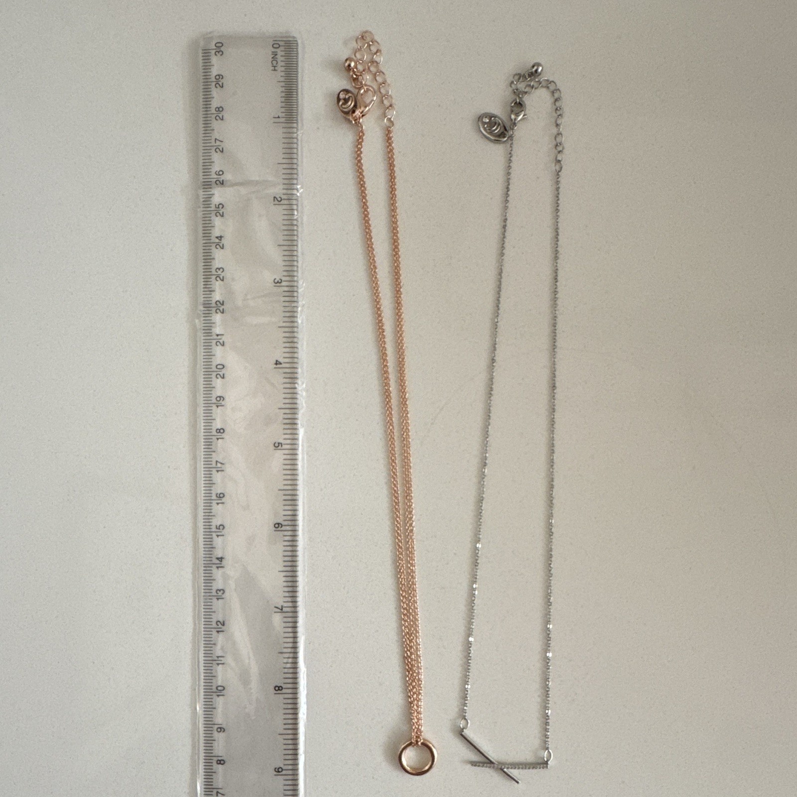 2pc Cable Chain Necklaces Circle & Bar Pendants Crystal Rose Gold/Silver 9” long