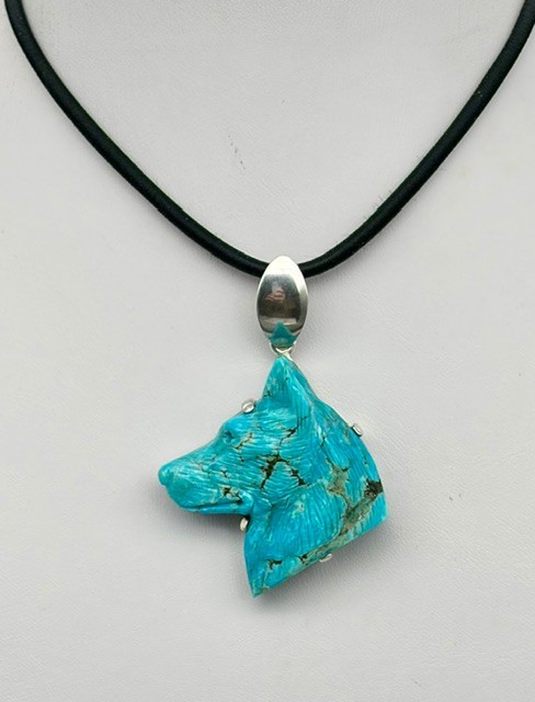 Natural Turquoise Handcrafted Wolf Head Pendant, On A 925 Sterling Silver Base.