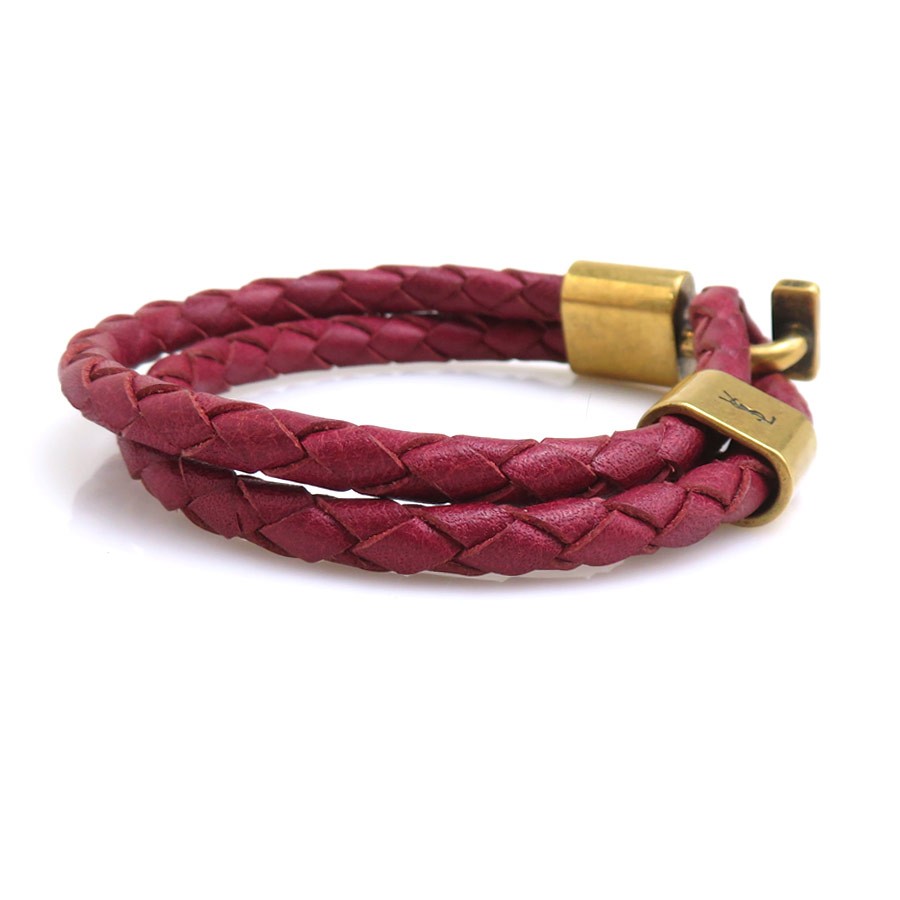 Auth SAINT LAURENT Bracelet Bordeaux/Gold Leather/Metal – r11338a