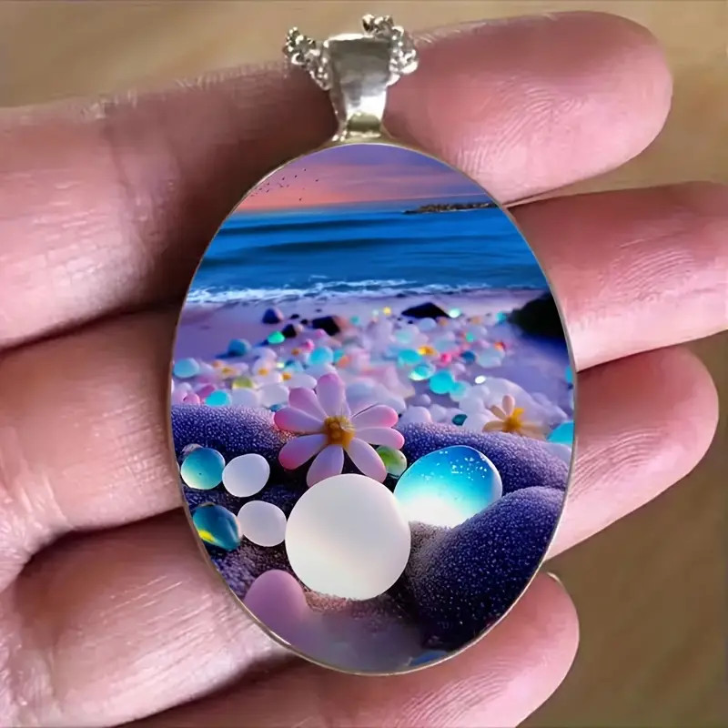 Beauty Oval Necklace Jewelry Vintage Silvery Beach Pendant B