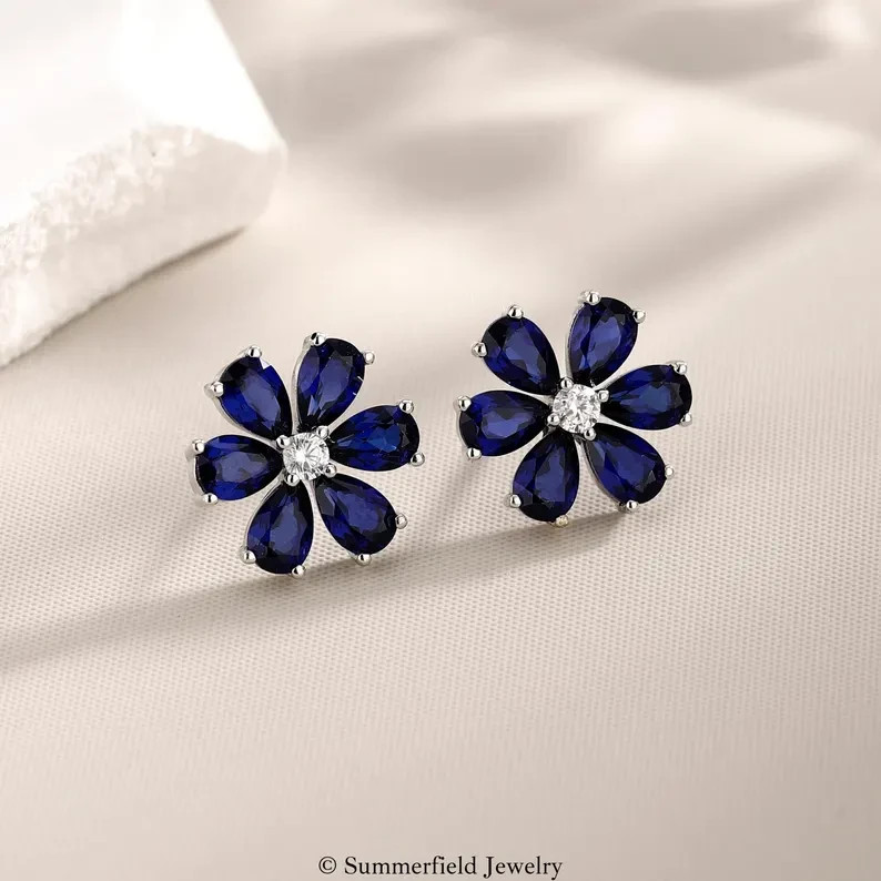 2 Ct Pear Cut Simulated Sapphire Women Flower Stud Earring 14k White Gold Plated