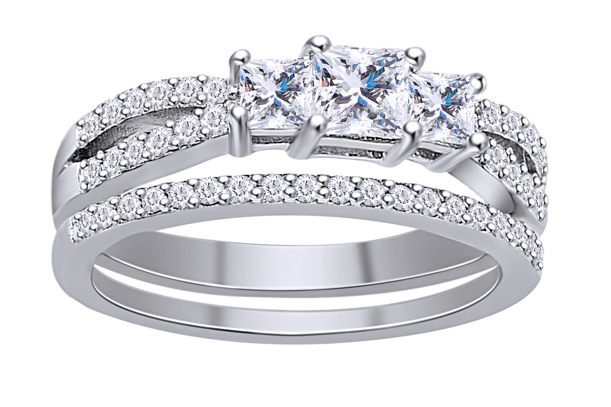 Princess Cut Simulated Diamond Bridal Wedding Ring Set Solid Sterling Silver 925