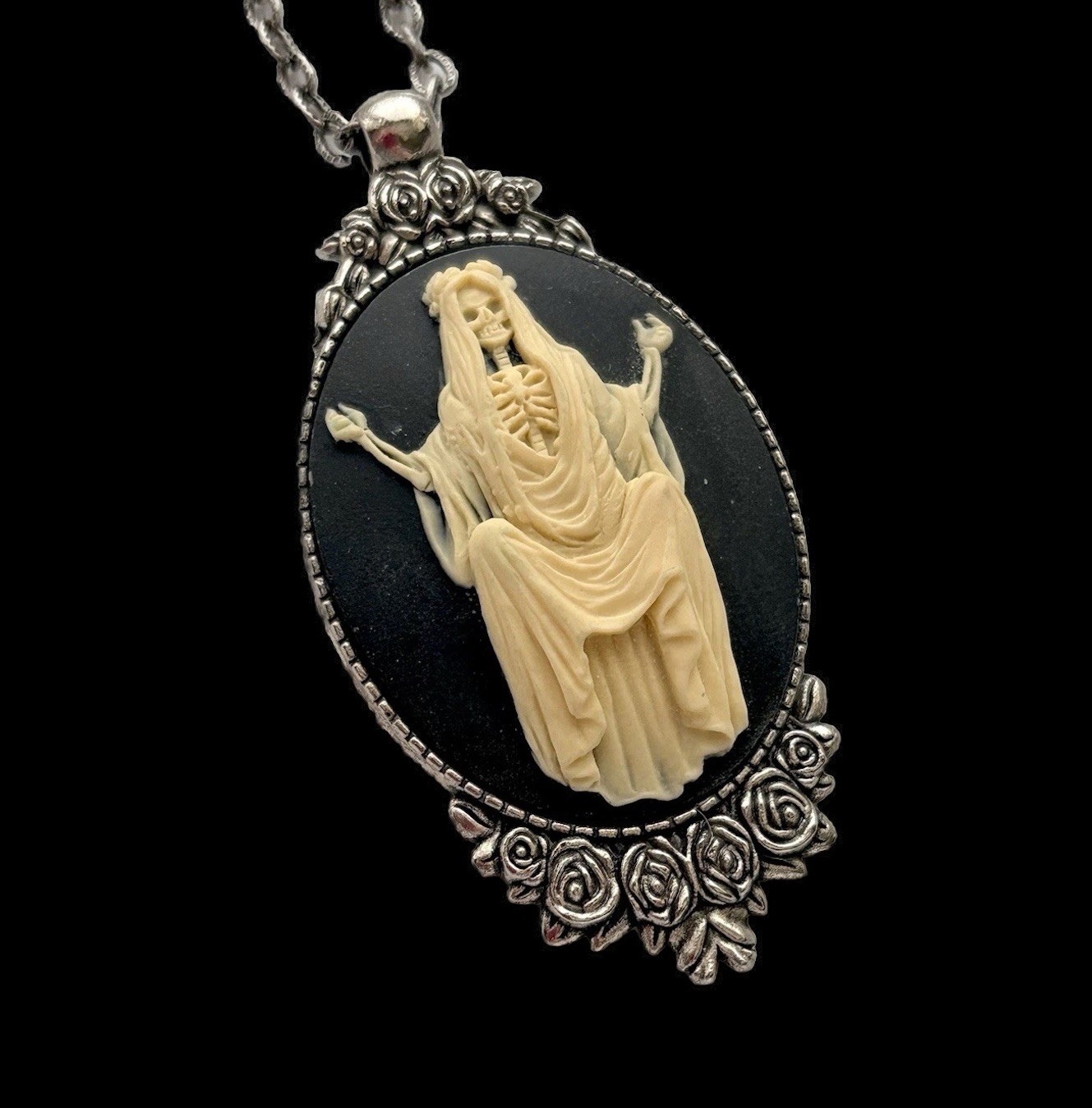 Santa Muerte Cameo Necklace Vintage Pendant, Ivory on Black, Antique Silver pltd
