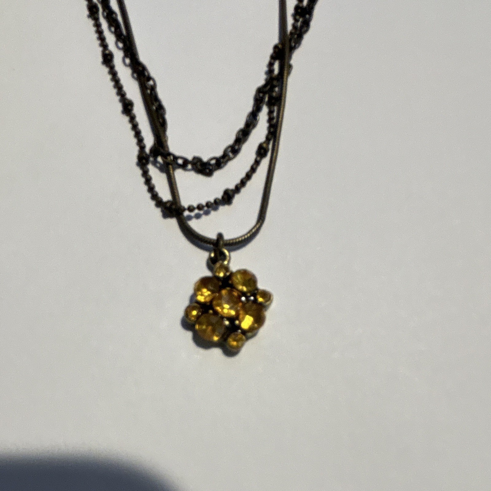 Layered Black Ball/Bead Chain Necklace Gold Tone Crystal Flower Charm Pendant