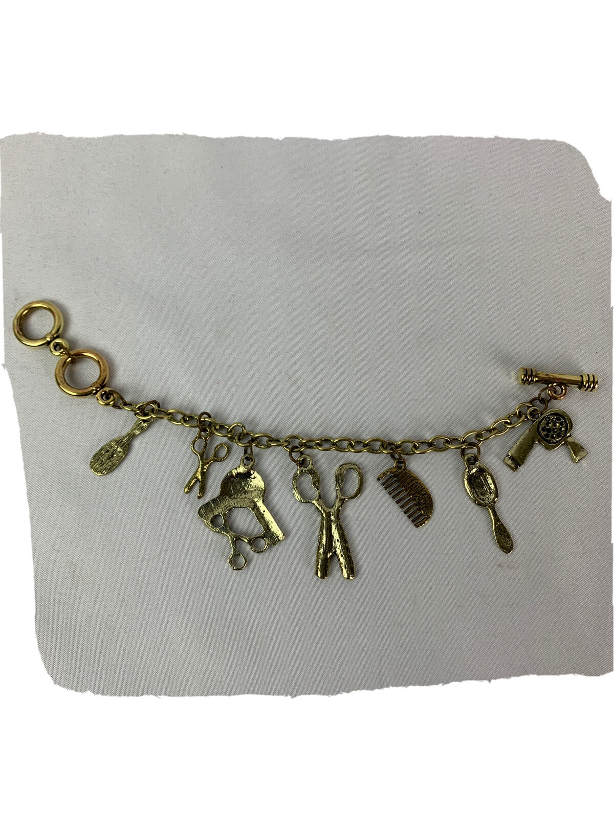 Hair Stylist 7″ Goldtone and Rhinestone Charm Bracelet Toggle Clasp Comb Scissor