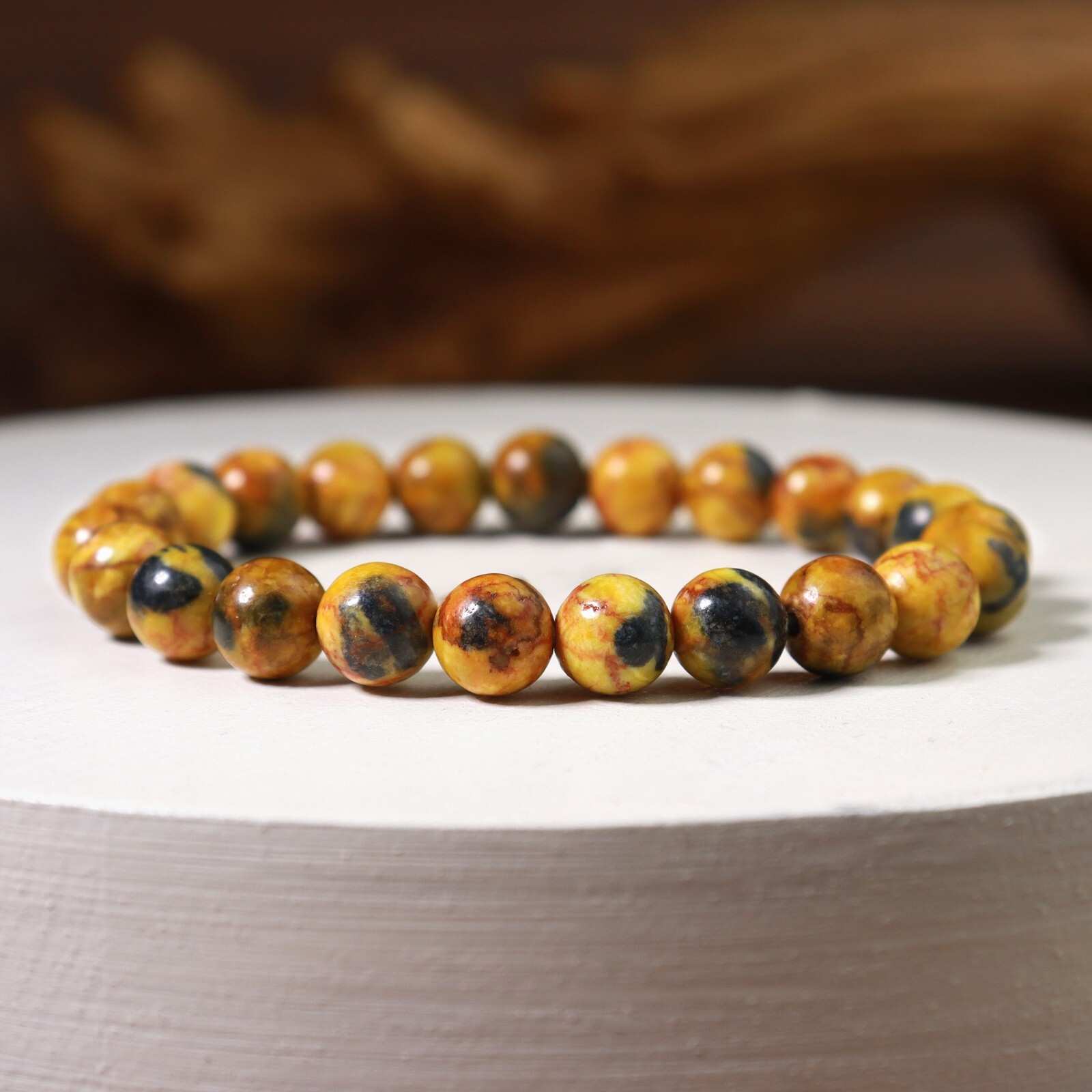 8mm Yellow Bumblebee Jasper Bracelet Natural Beaded Healing Chara Elastic 7”