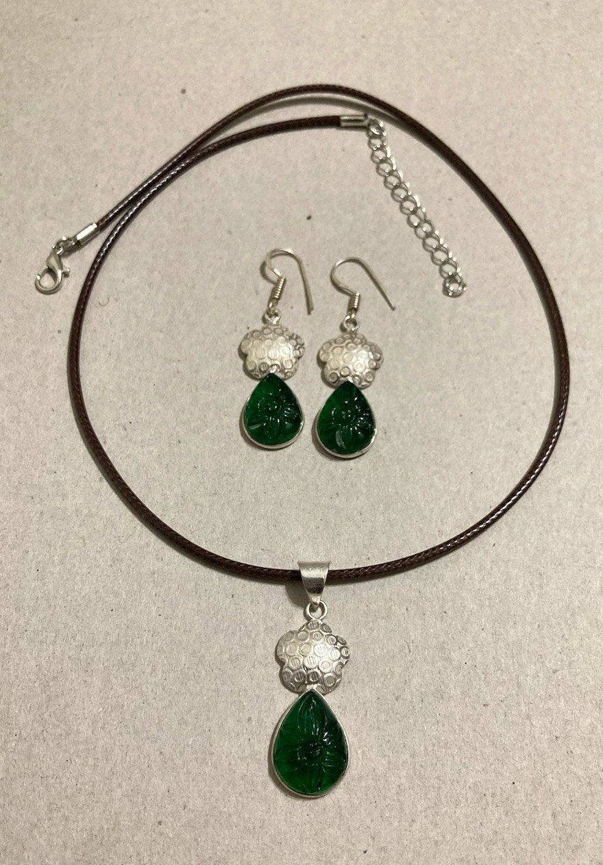 Green Chromium Diopside Earrings Necklace Pendant Jewelry Set Flower Teardrop