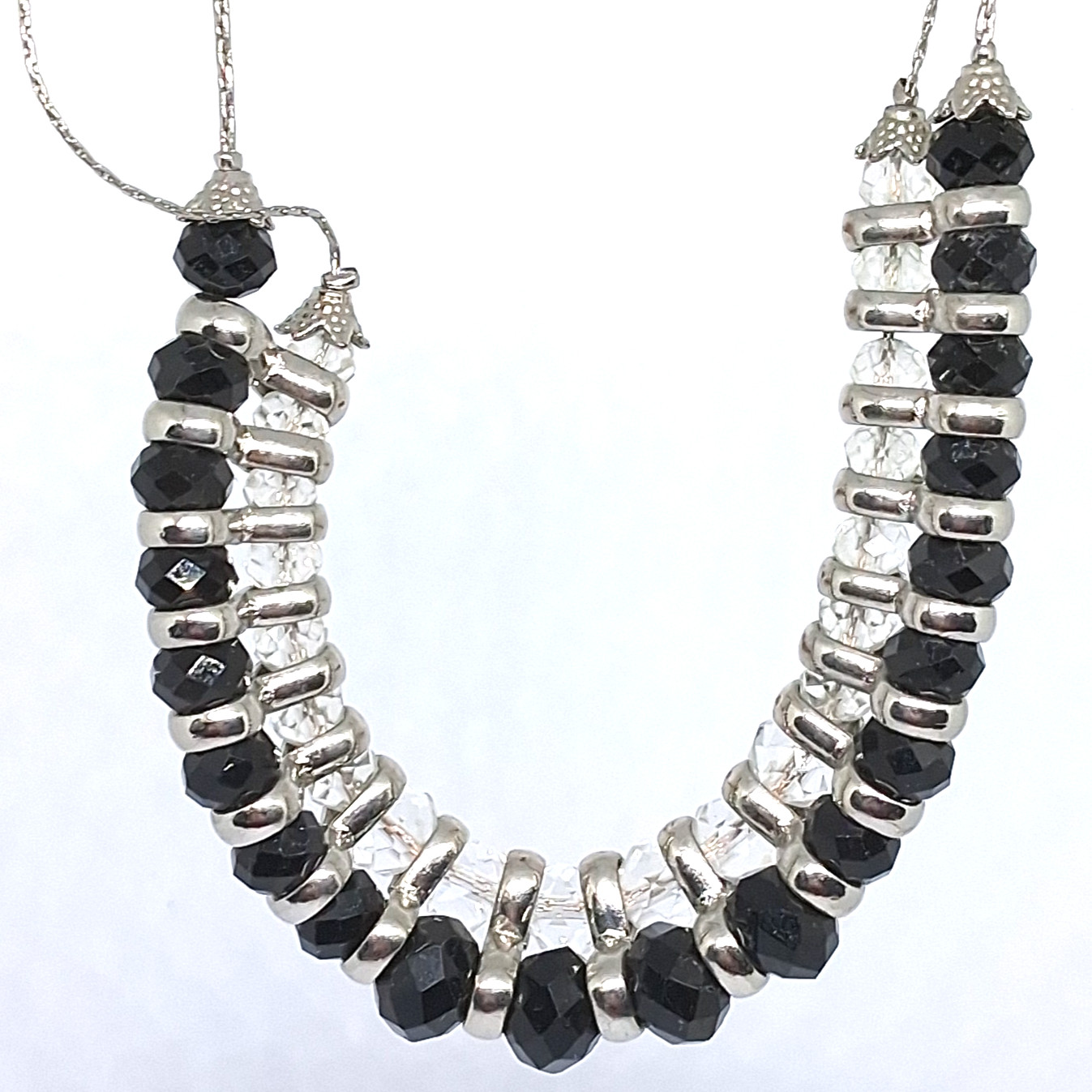 14 Inch Charming Charlie Black and Clear Beaded Double Strand Chain Necklace