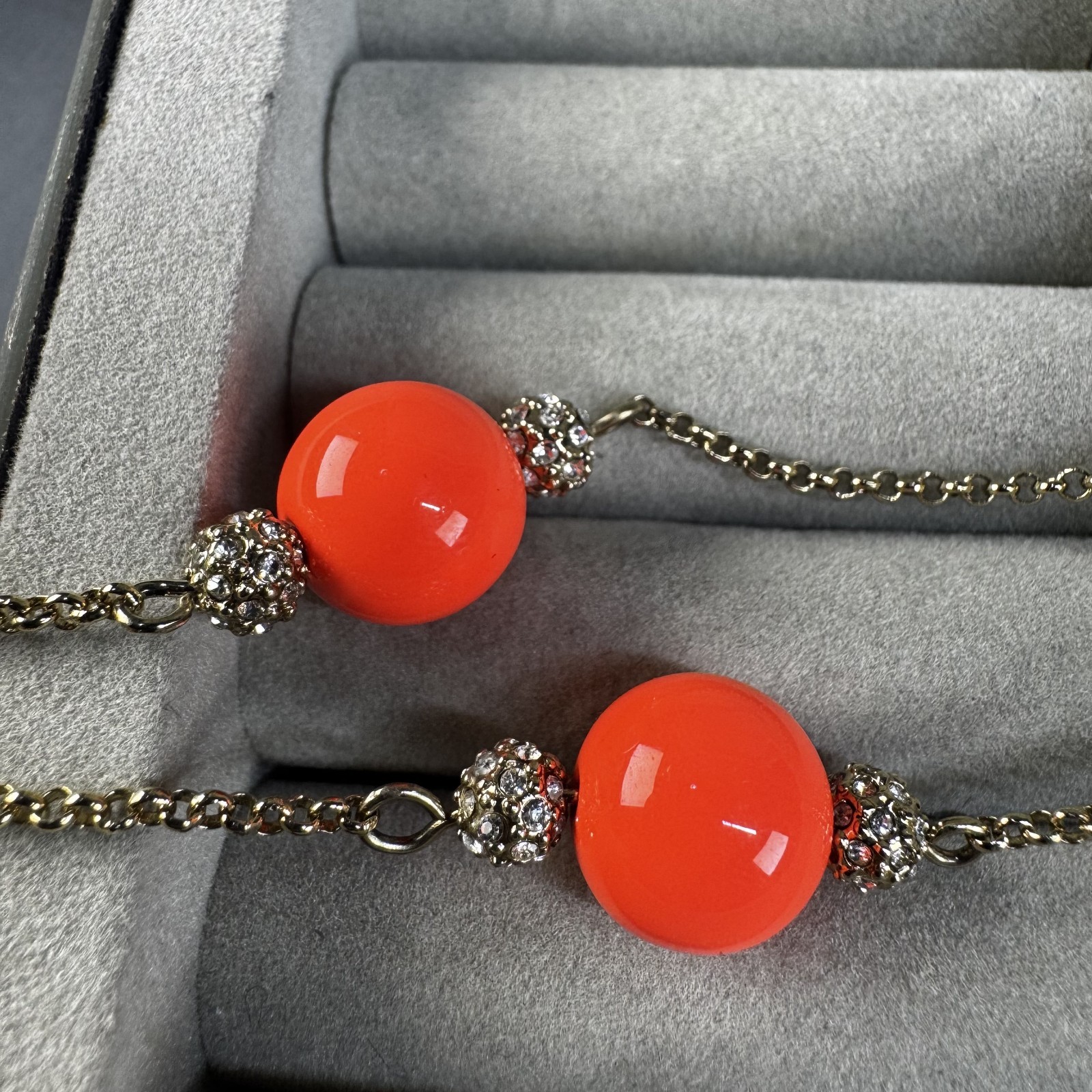 Ann Taylor Long Orange Red Beaded Rhinestone Station Necklace 35 in