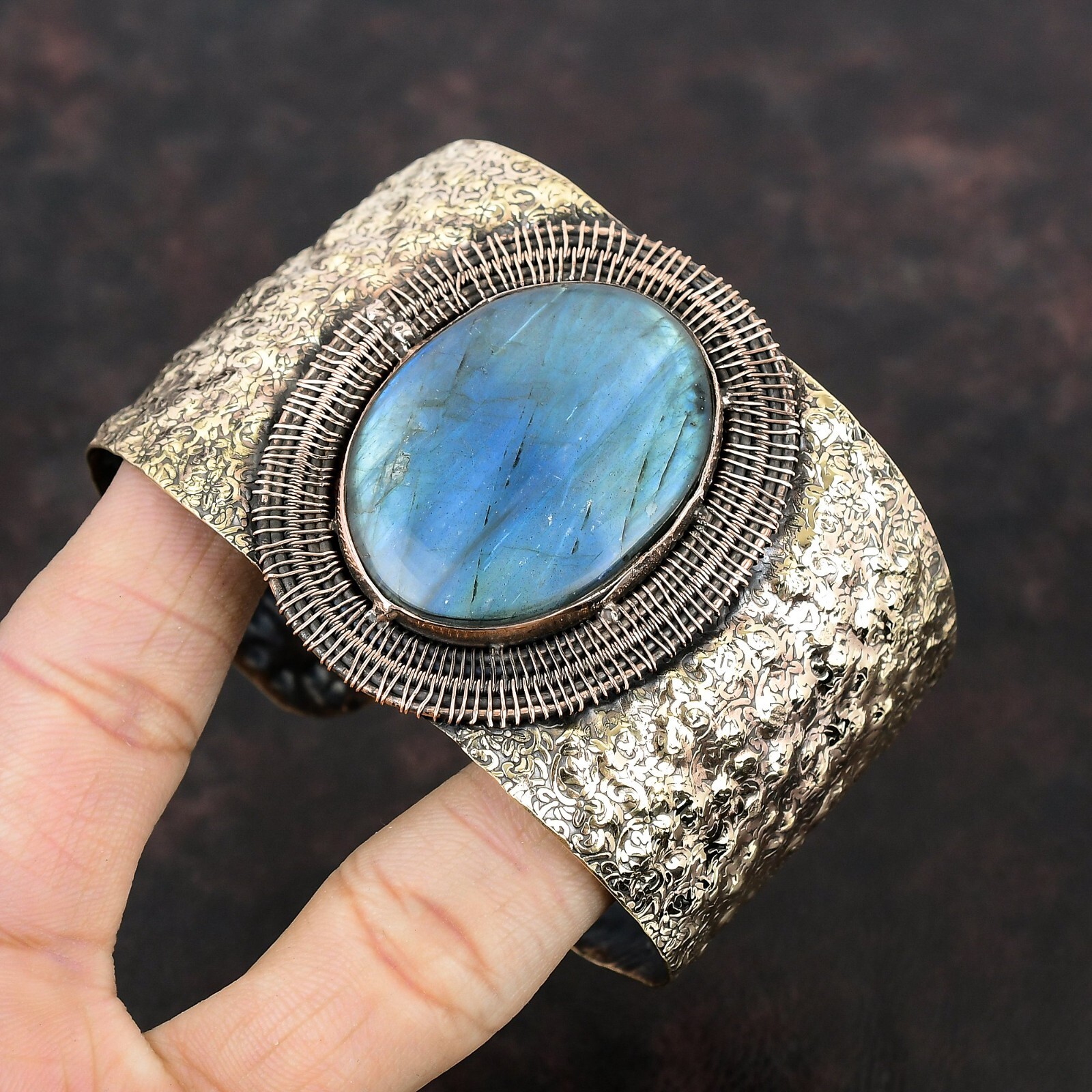 Gift For Her Copper Labradorite Gemstone Jewelry Wire Wrapped Adjustable Bangle