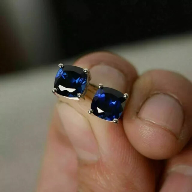 14k White Gold Plated 2 Ct Cushion Cut Simulated Sapphire Stud Earring For Her