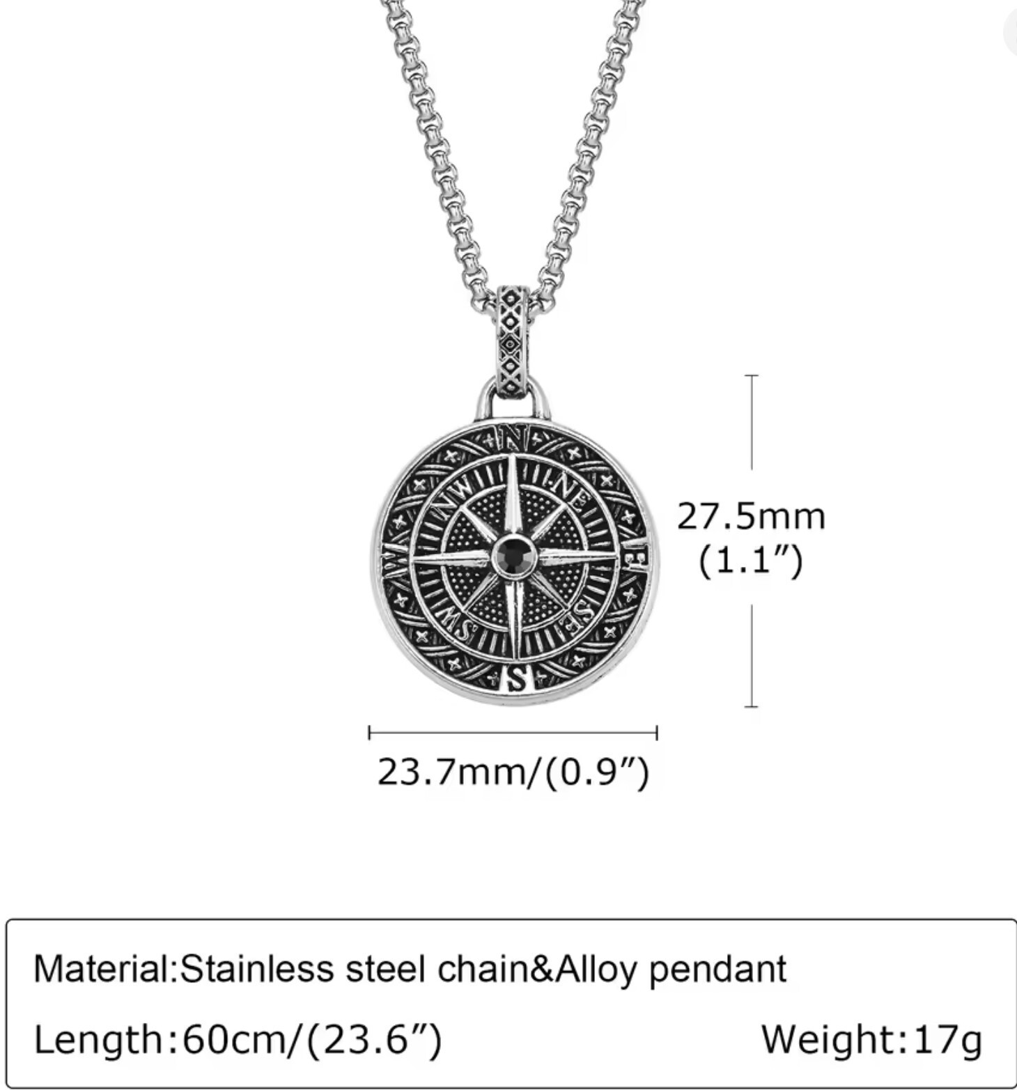 Alloy Compass Pendant with 24 inch round box stainless steel chain