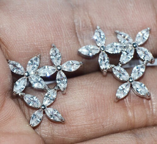 Pretty New Silver Filled Clear White Marquis CZ Triple Flower Stud Earrings