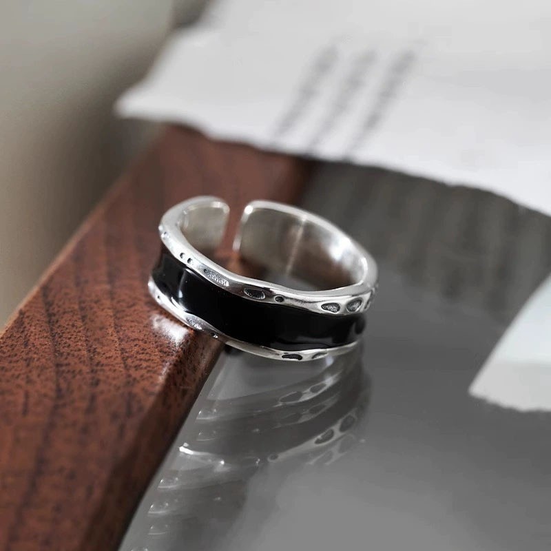 Women’s Black Glazed Ring Retro Adjustable Opening Fashion Ring Copper