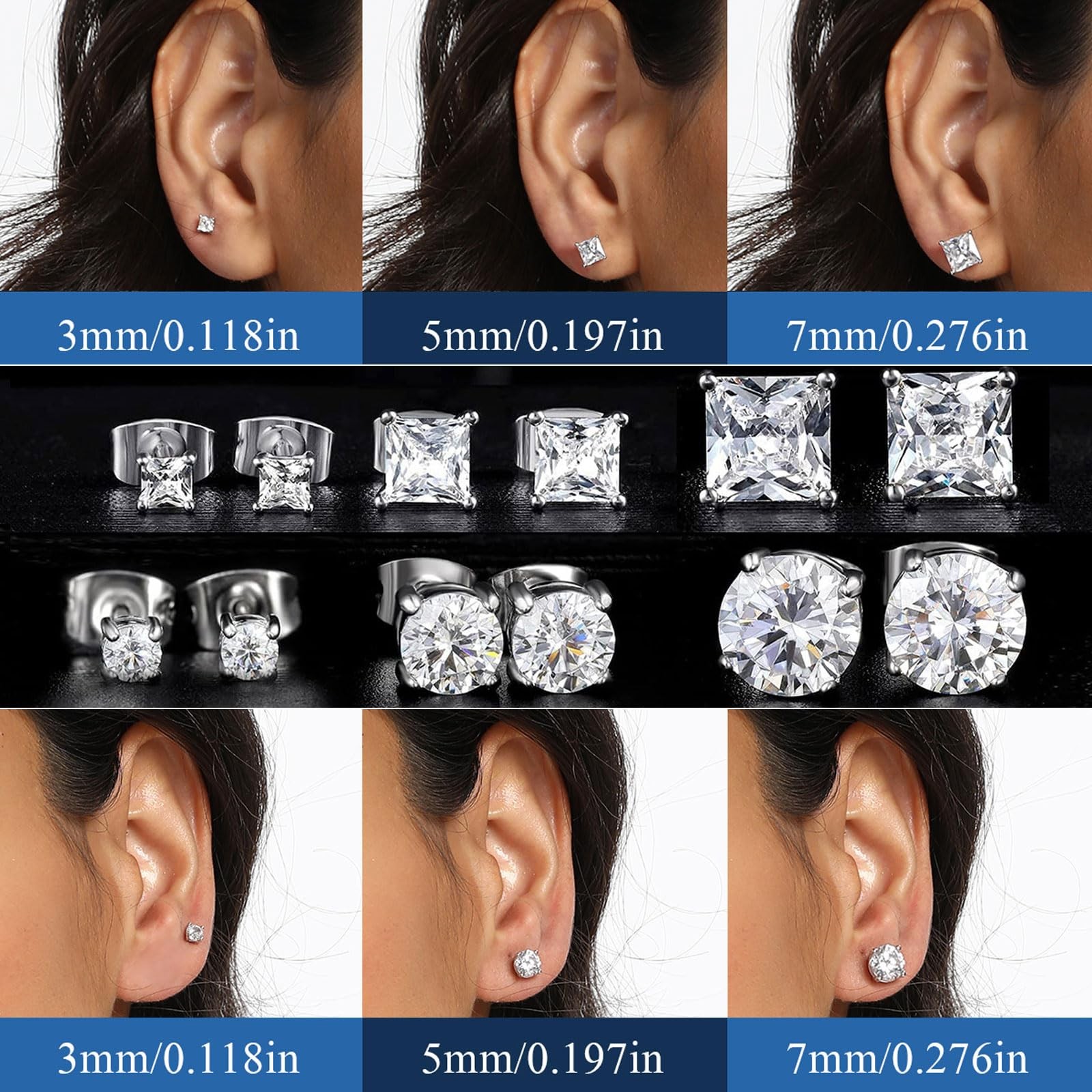 6 Pairs Earrings Set for Men 316L Stainless Steel 3/5/7mm CZ Round and Prince…