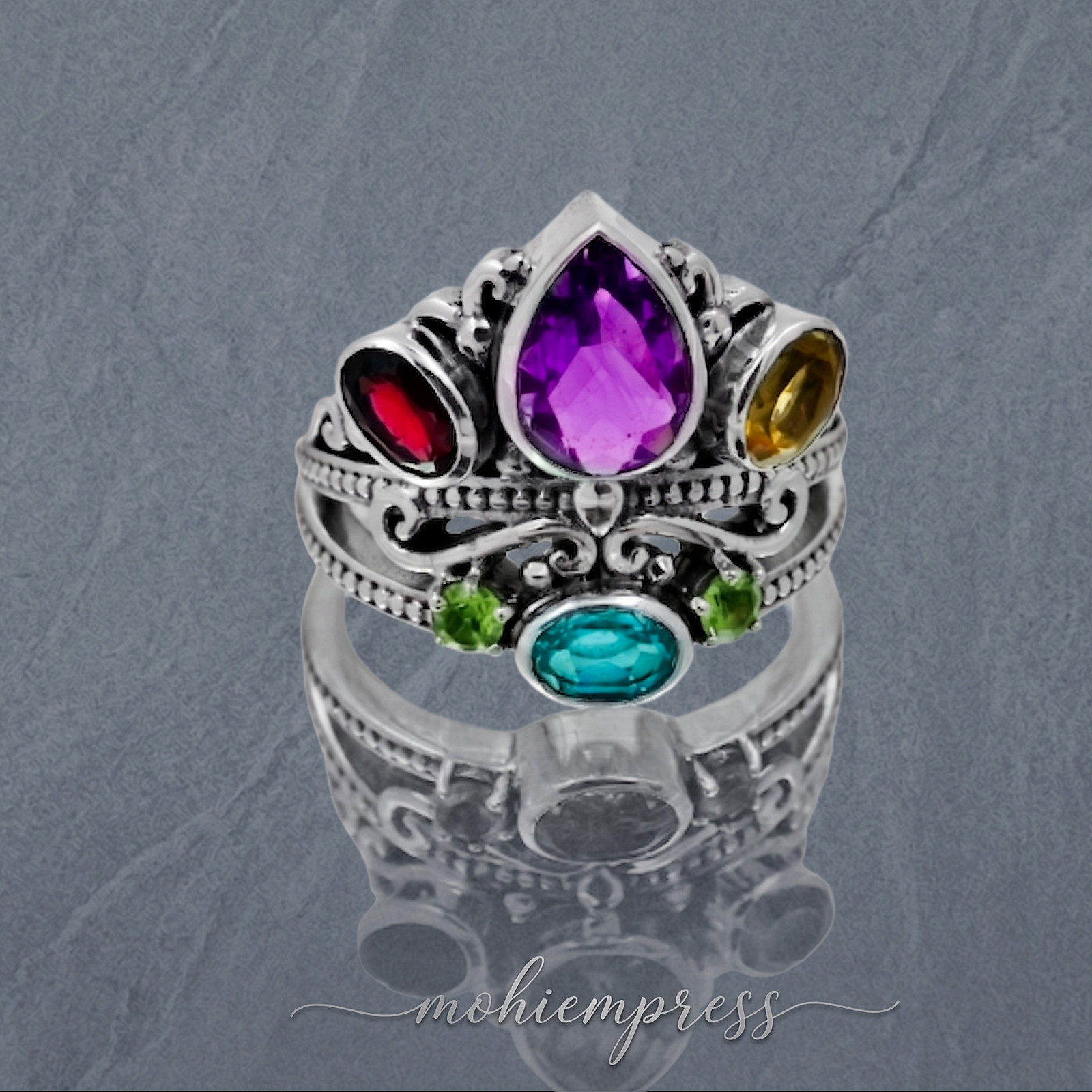 Multi Gemstone Statement Ring 925 Sterling Silver, Vintage Crown Ring