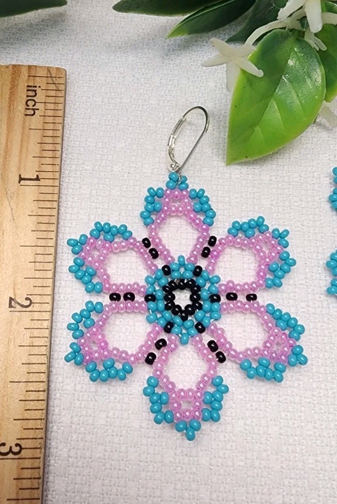 Elegant Beaded Earrings, Handmade Flower Desing Jewelry. Pink Color