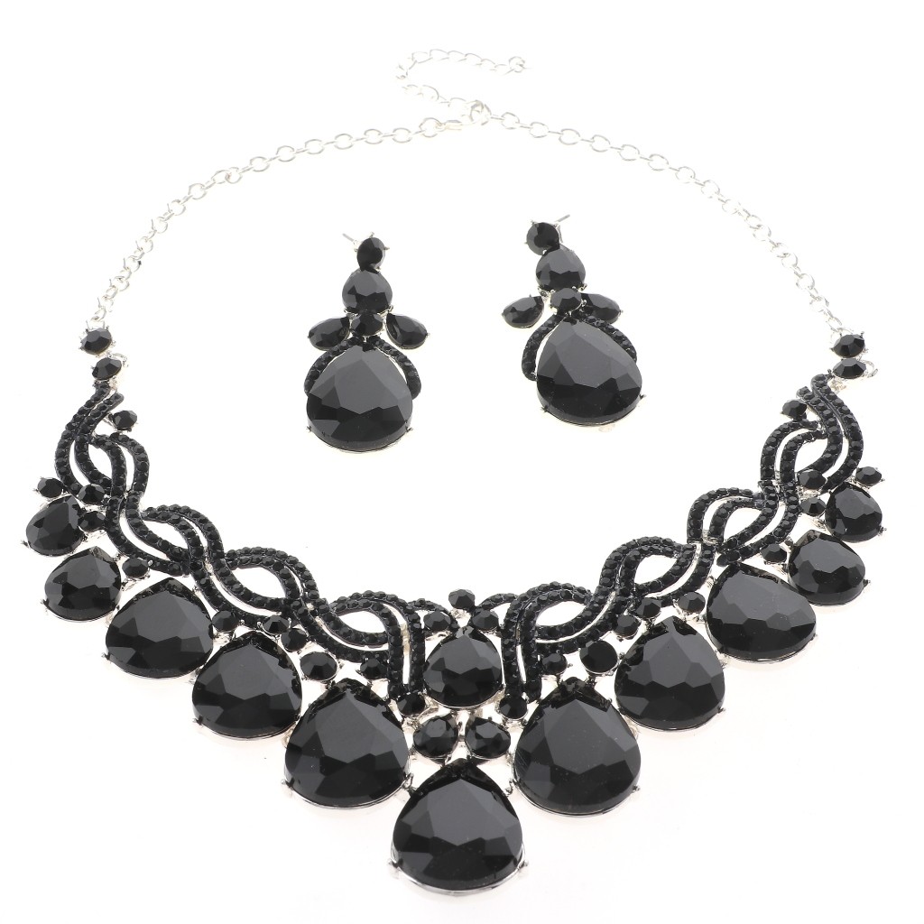Silver Tone Alloy Metal Rhinestone Necklace Earring Set S20712-SBK